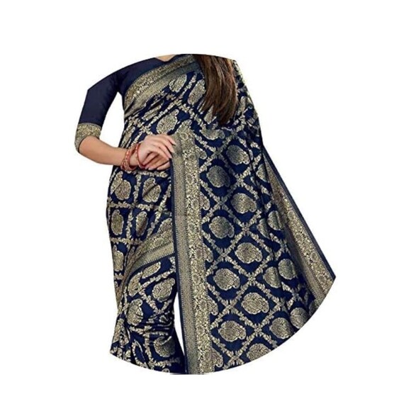 Women's Kanjivaram Pure Banarsi Silk Saree With Blouse Piece Golden Zari NWT - Picture 6 of 12